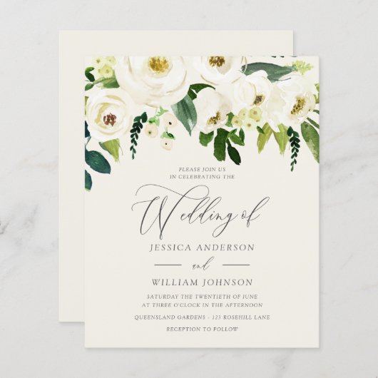 予算の上に白いバラの緑の葉結婚の (正面/裏面)