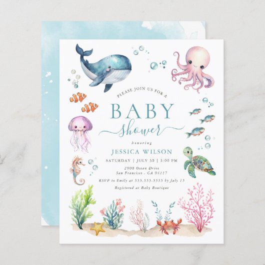 予算の下の海獣ベビーシャワー招待状 (正面/裏面)