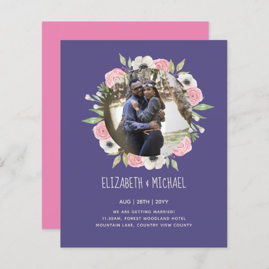 予算の写真の結婚式の招待 – フローラリース (正面/裏面)