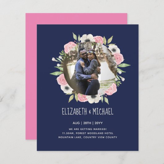 予算の写真の結婚式の招待 – フローラリース (正面/裏面)