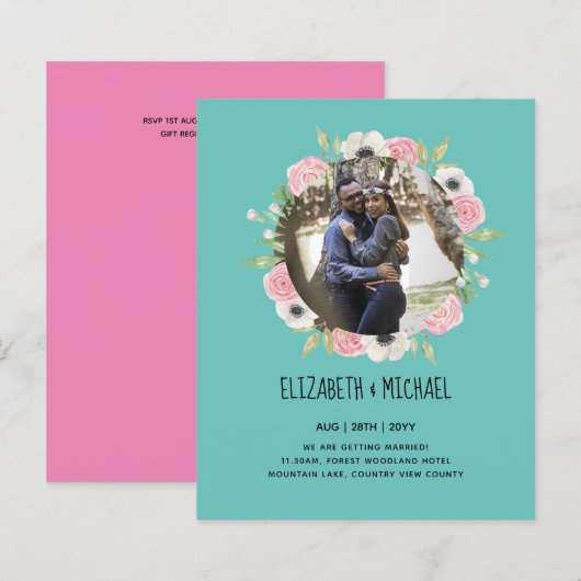 予算の写真の結婚式の招待 – フローラリース (正面/裏面)