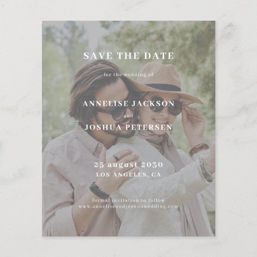 予算の写真タイポグラフィ結婚式の日付のフライを保存 チラシ (裏面)