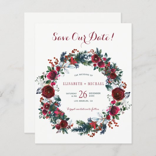 予算の冬のフローラリース結婚式の日付を保存 (正面/裏面)