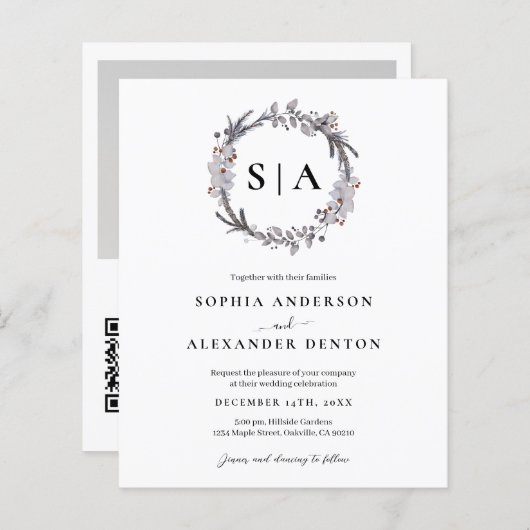 予算の冬のリース写真QRコード結婚式の招待 (正面/裏面)