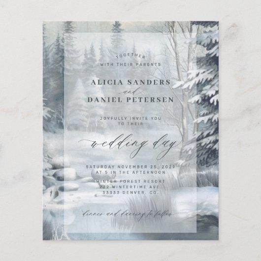 予算の冬の山の森結婚式招待状 (正面)