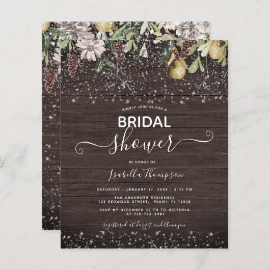 予算の冬の木製ブライダルシャワー招待状 (正面/裏面)