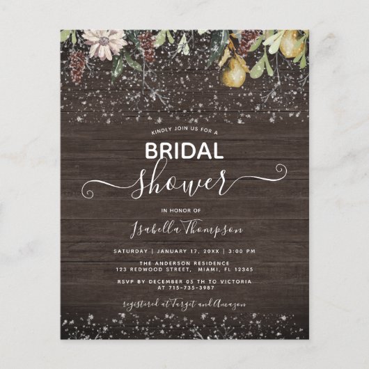 予算の冬の木製ブライダルシャワー招待状 (正面)