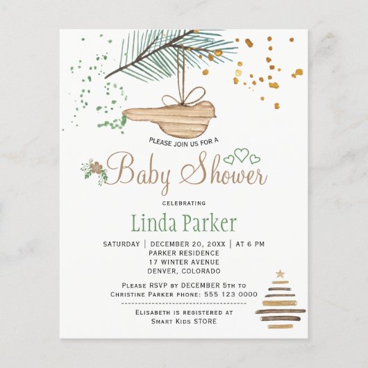 予算の冬の森の素朴な赤ちゃんシャワーの招待 チラシ (正面)