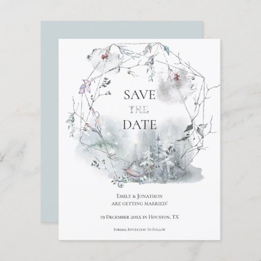 予算の冬の葉の結婚式の日付を保存 (正面/裏面)