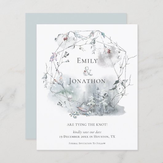 予算の冬の葉名の結婚式の日付を保存 (正面/裏面)