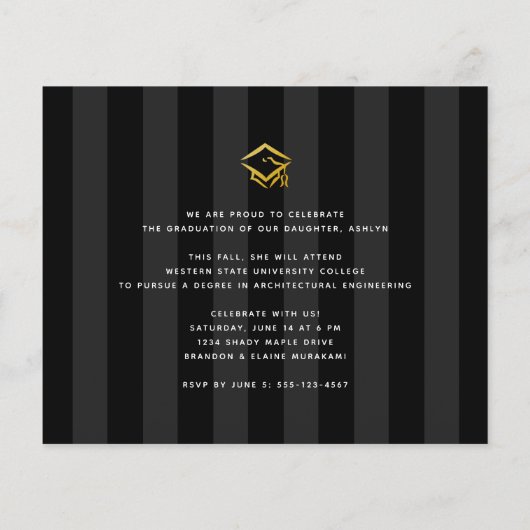 予算の卒業式の黒い金ゴールド3 photo invitation (裏面)