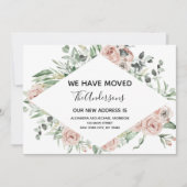 予算の埃っぽいピンクのフローラ移転のお知らせ 招待状 (正面)
