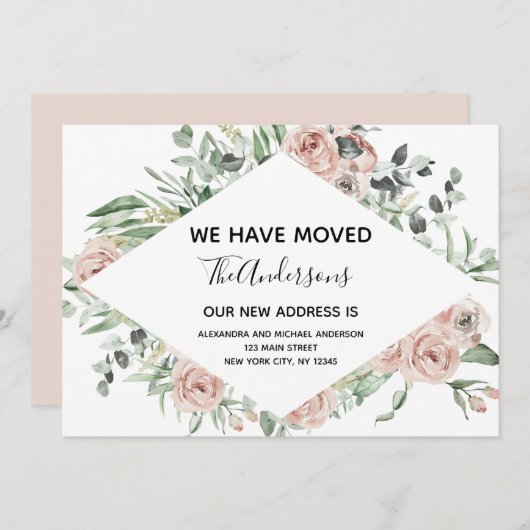 予算の埃っぽいピンクのフローラ移転のお知らせ 招待状 (正面/裏面)