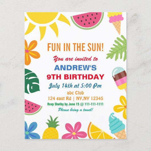 予算の夏の誕生日パーティーへの招待 (正面)