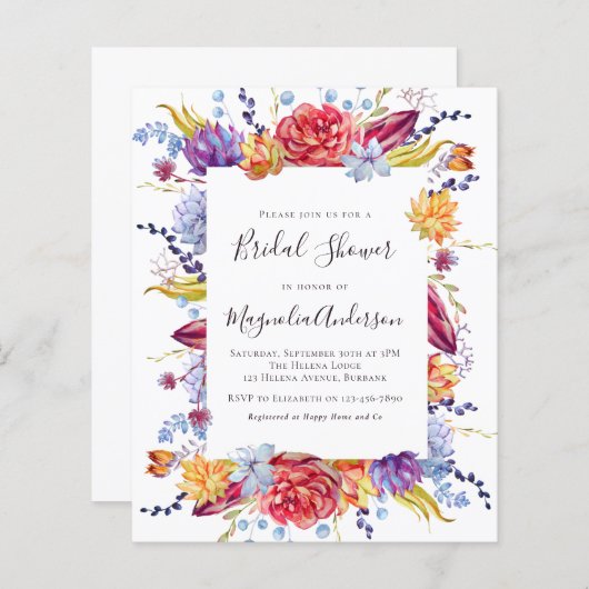 予算の多肉的なブライダルシャワーの招待 (正面/裏面)