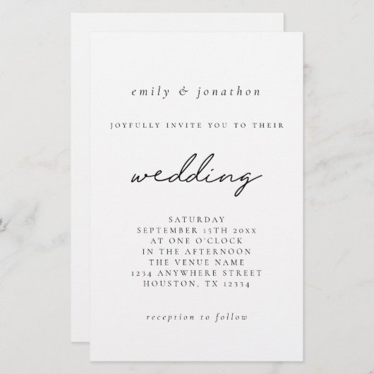 予算の大きな白黒スクリプトの結婚式の招待 (正面/裏面)