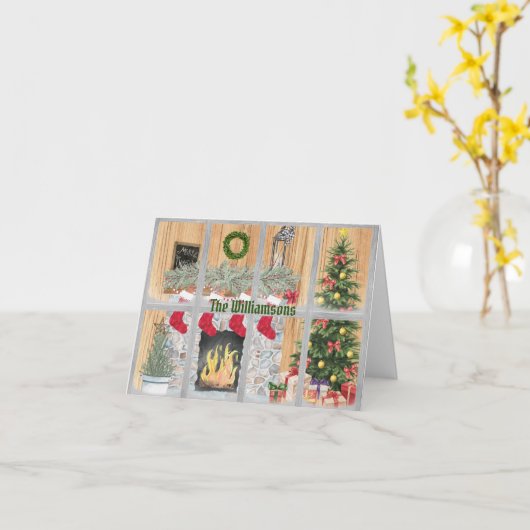 予算の家族の暖炉の木のギフトメリークリスマス カード (黄色い花)