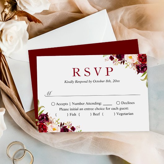 予算の小さな結婚式のRSVP |ブルゴーニュ赤面フローラ ノートカード