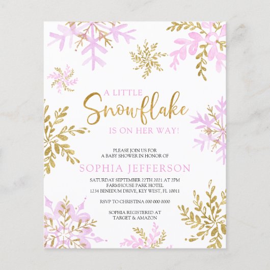 予算の少しスノーフレーク赤ちゃんシャワー招待状 (正面)