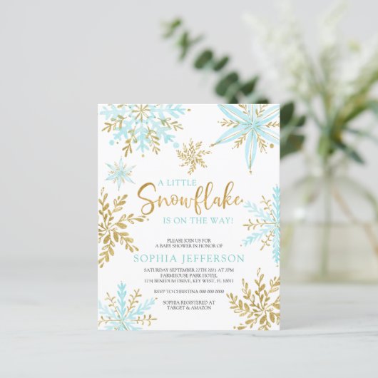 予算の少しスノーフレーク赤ちゃんシャワー招待状 (スタンド正面)