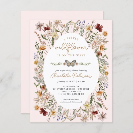 予算の少しワイルドフラワーベビーシャワー招待状 (正面/裏面)