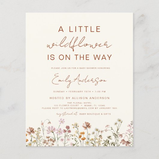 予算の少しワイルドフラワーベビーシャワー招待状 チラシ (正面)