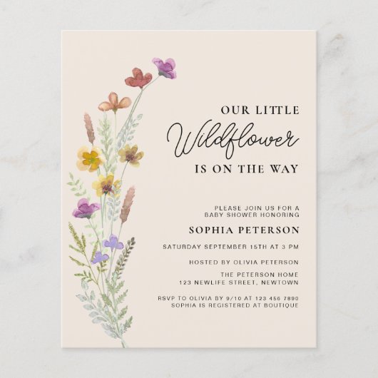 予算の少しワイルドフラワーボホーベイビーシャワー招待状 (正面)