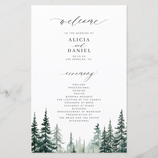 予算の山の松の木の森林結婚式プログラム (正面)