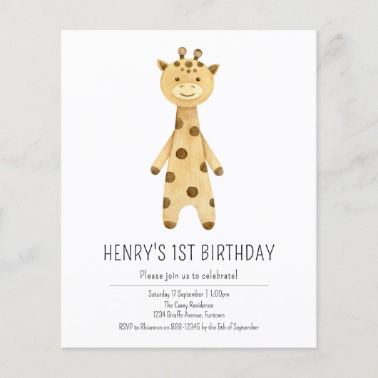 予算の招待、かわいいキリン1歳の誕生日 チラシ (正面)
