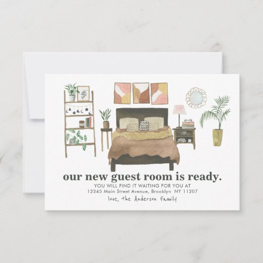 予算の新しいゲストルームレディベッドルームムービング ノートカード (正面)