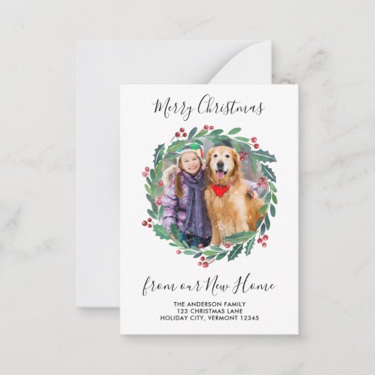 予算の新しい家の緑のクリスマスフォトムービング ノートカード (正面)