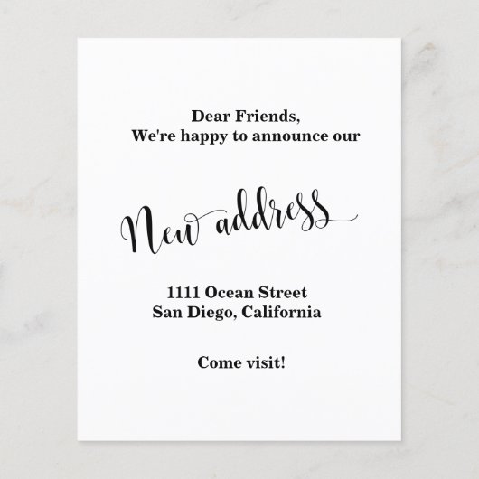 予算の新しい自宅住所、移動中のアナウンスメントカード (裏面)