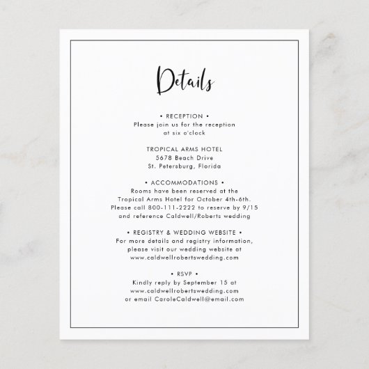 予算の書道縁ど詳細結婚式の招待 (裏面)