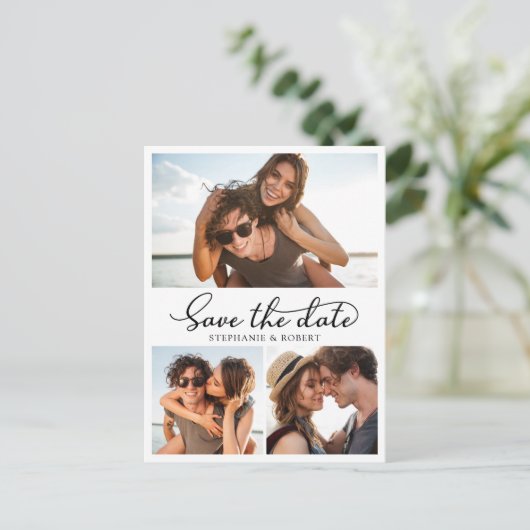 予算の書道3写真コラージュ日付の保存 案内ポストカード (スタンド正面)