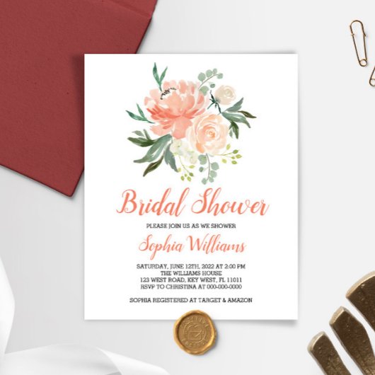 予算の桃とクリームブライダルシャワーの招待