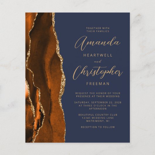 予算の燃えたオレンジ色の濃い青の瑪瑙の結婚式の招待 (正面)