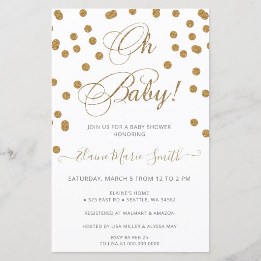予算の白い金ゴールドの赤ちゃんシャワーの招待 (正面)