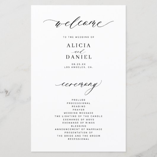 予算の白い黒い写真エレガントの結婚式プログラム (正面)