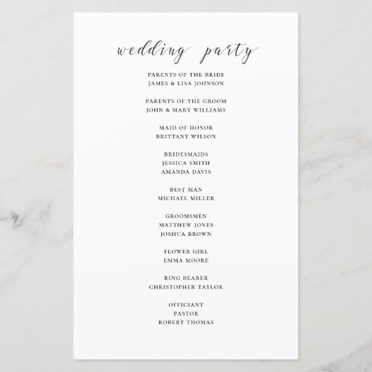 予算の白黒の書道結婚式プログラム (裏面)