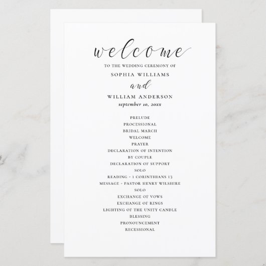 予算の白黒の書道結婚式プログラム (正面/裏面)