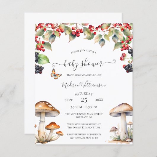 予算の秋のウッドランドマッシュルームの赤ちゃんシャワー (正面/裏面)