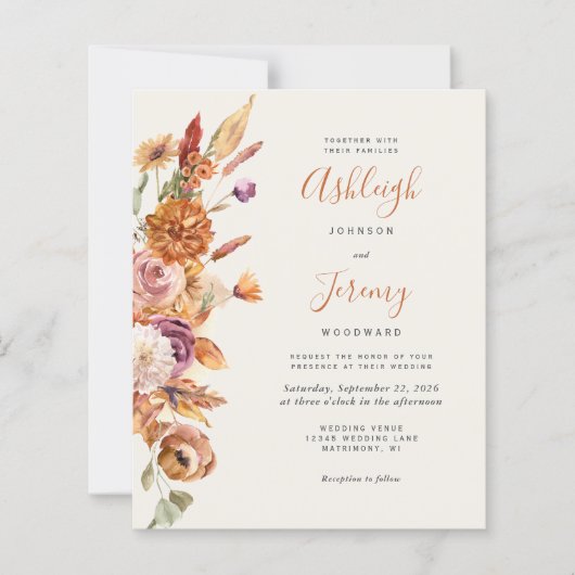 予算の秋のフローラ水の色の結婚式の招待 (正面)