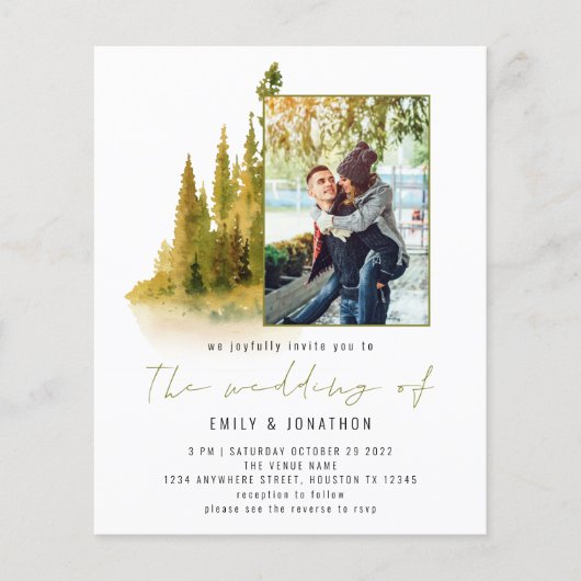 予算の秋の森の写真QRオリーブ結婚式の招待 (正面)