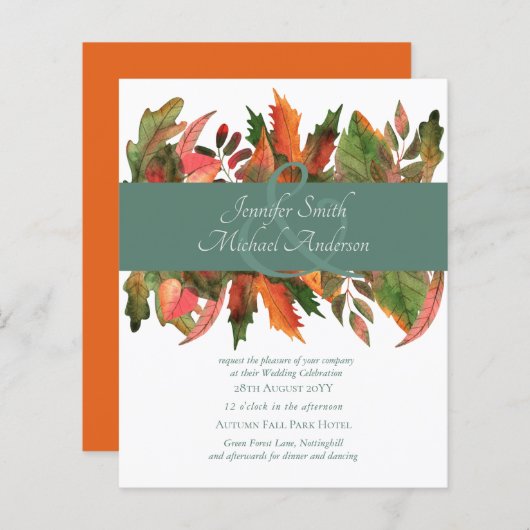 予算の秋の紅葉結婚式の招待 (正面/裏面)