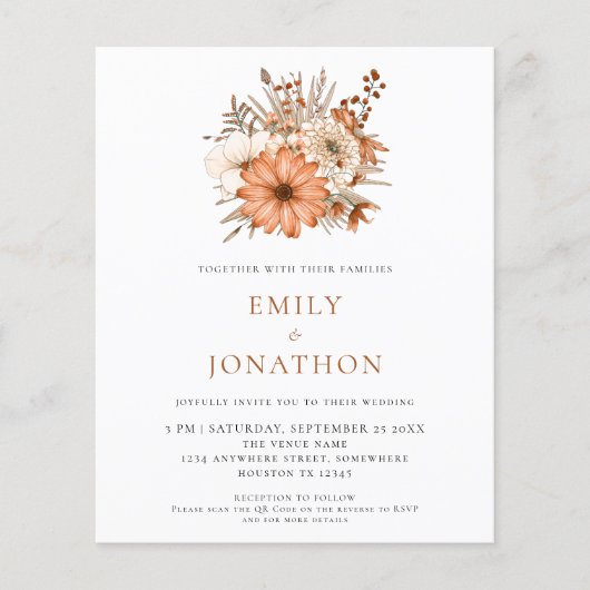 予算の秋の花模様QRコード結婚式の招待 (正面)