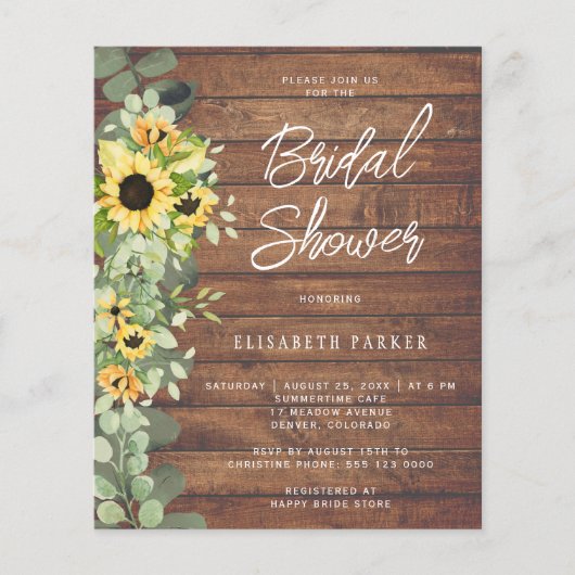 予算の素朴なひまわりブライダルシャワー招待 (正面)