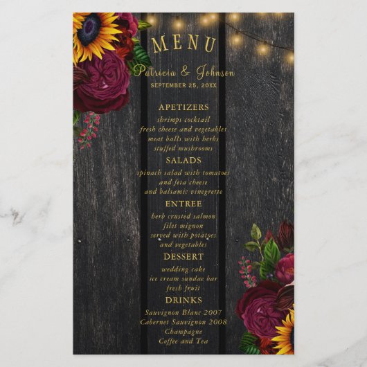 予算の素朴なヒマワリとバラ結婚のメニュー チラシ (正面)