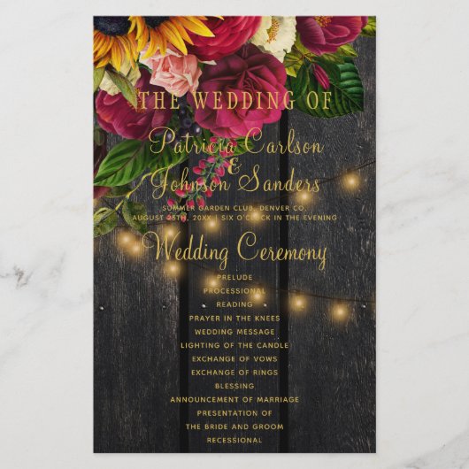 予算の素朴なフローラ木製のライト結婚式プログラム チラシ (正面)