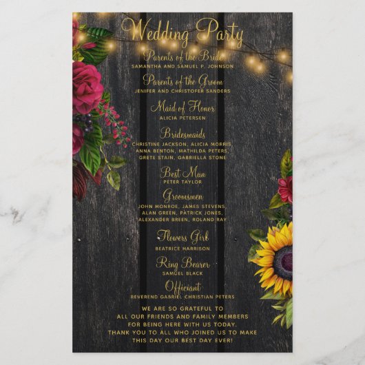 予算の素朴なフローラ木製のライト結婚式プログラム チラシ (裏面)