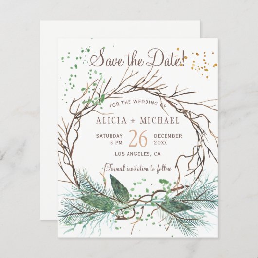 予算の素朴な冬のリース結婚式の日付を保存 (正面/裏面)